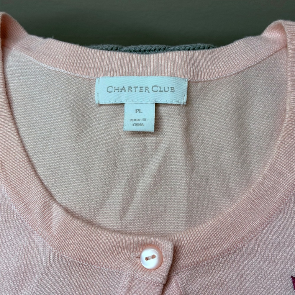 Charter Club Cardigan Womens PL Pink Floral Embroidered Button Front Sweater - Picture 8 of 8